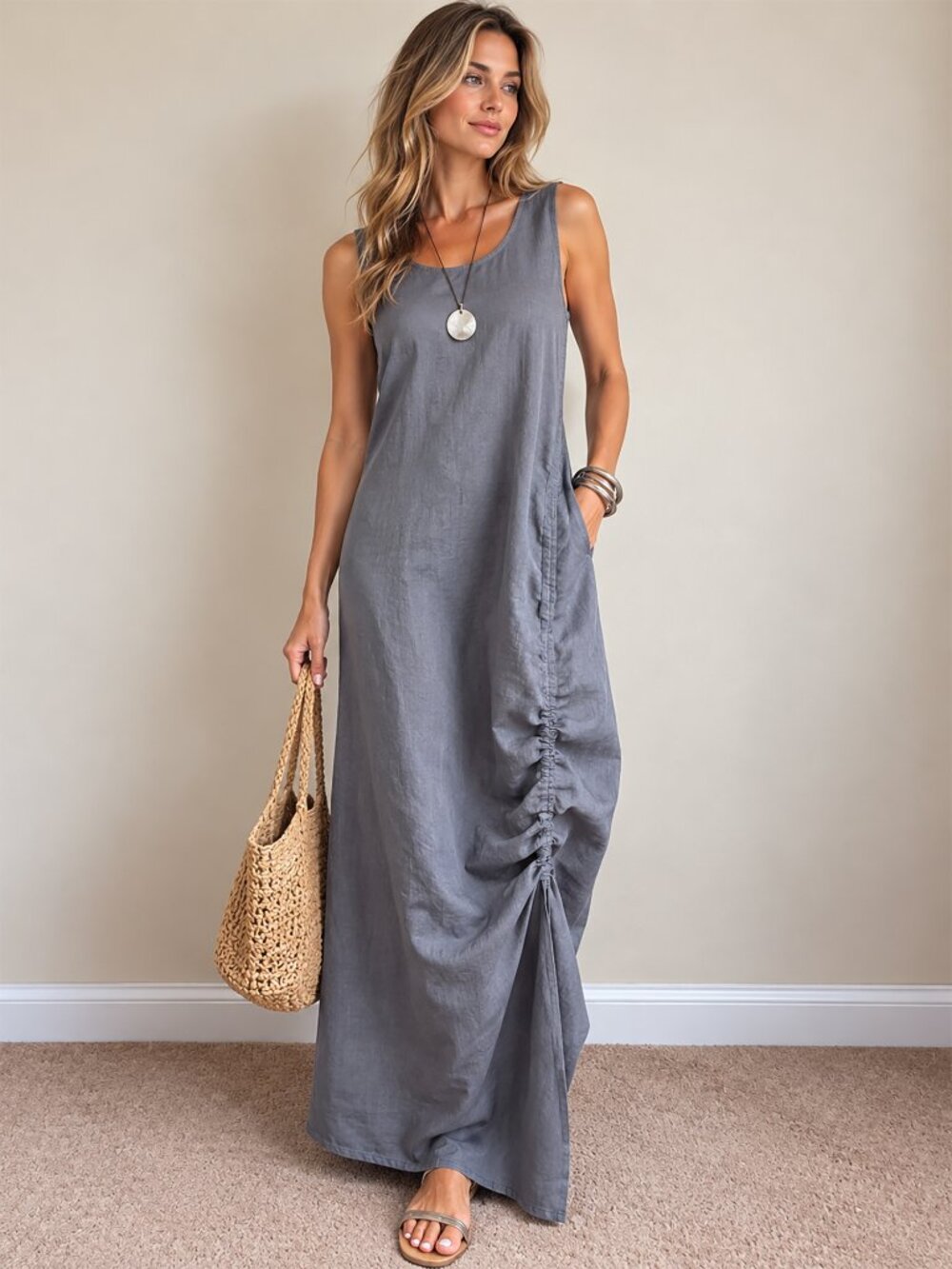 Luisa Ricci 100% Linen Gray Maxi Dress L Made in Italy Lagenlook Ruched
